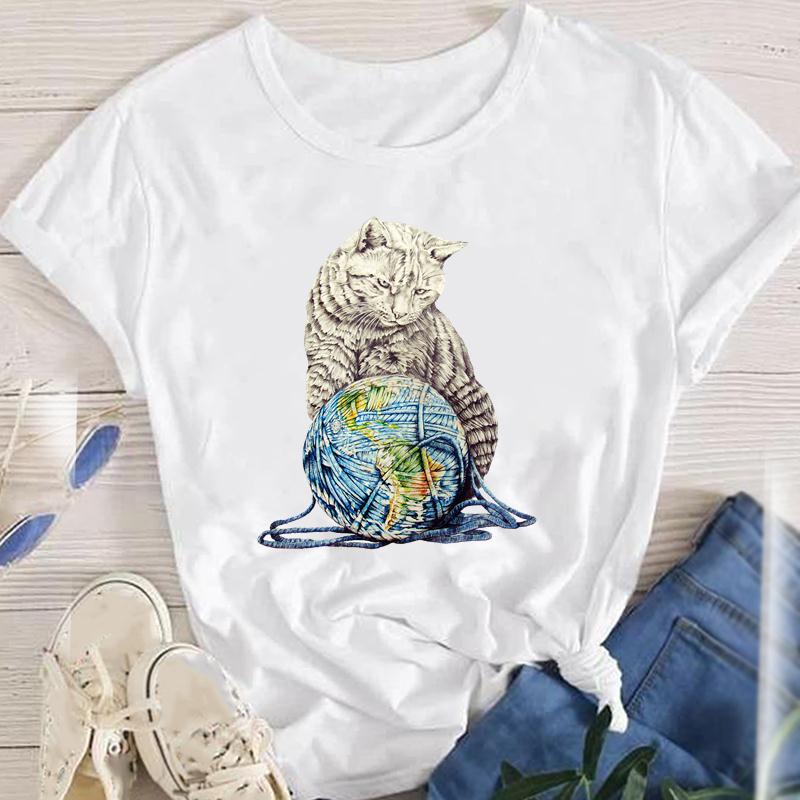 T-shirt Tops Type Daily Occasion Round Neck Neckline Wholesale Women'S Fashion Cat Flower Short Sleeve Printing T-Shirts