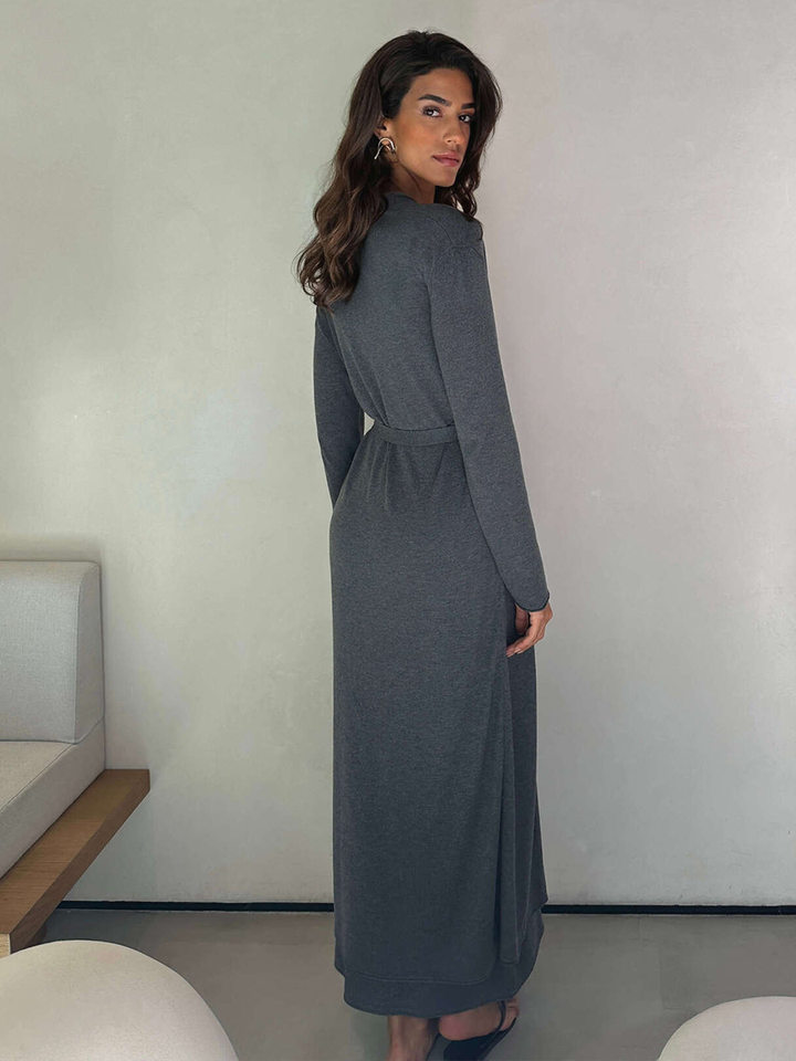 Bộ đầm dài kèm áo cardigan dệt kim dài tay nữ — Màu cà phê đậm, Màu hồng, Màu trắng, Màu xám chi tiết 101