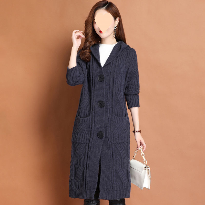 中長款連帽毛衣外套女2025秋冬韓版寬鬆慵懶風麻花加厚針織衫開衫