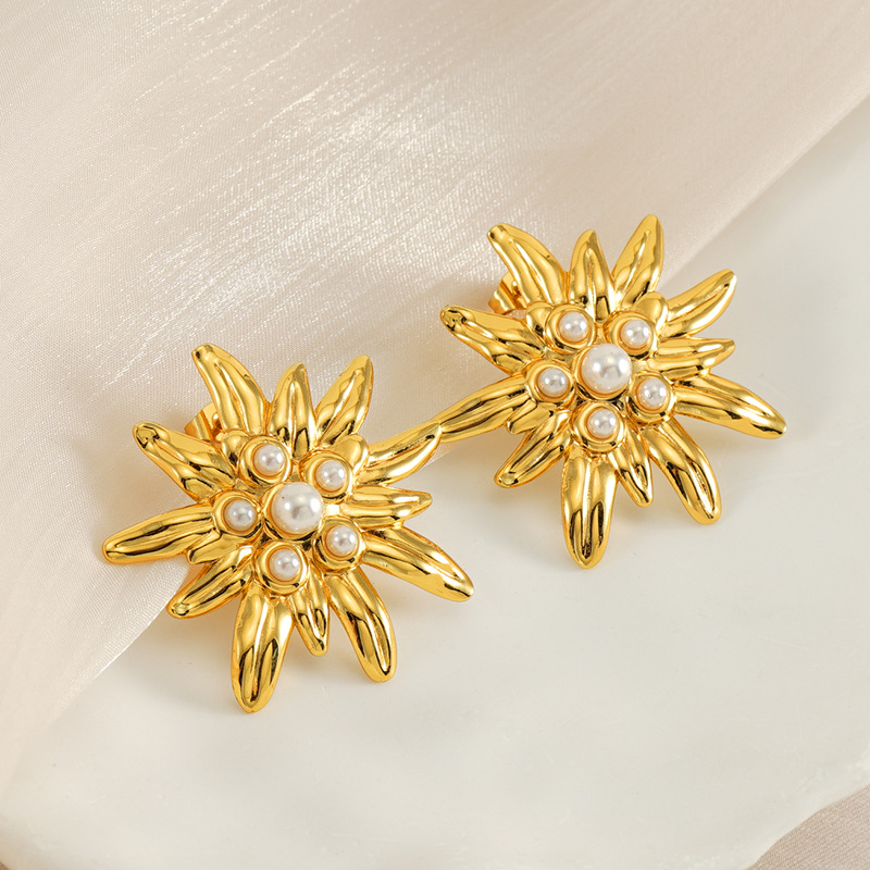 Pendientes de acero inoxidable geométrico de flores retro francesas Pendientes de perlas de temperamento de moda femenina Pendientes de lujo ligero de alta calidad Mujeres