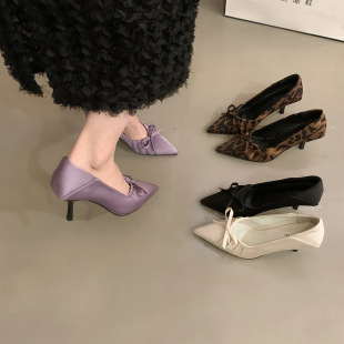 Pointed Toe Leopard Print Shallow Mouth Flats for Women 2024 New Style French Elegant Socialite Fairy Bow Stiletto High Heels