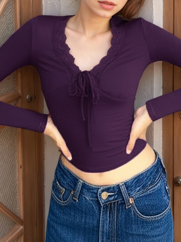 欧美蕾丝拼接蝴蝶结长袖T恤新款甜辣妹时尚修身显瘦打底衫上衣|undefined