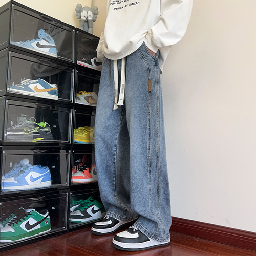 Autumn and Winter New Fleece-Lined Jeans for Men — Washed-Effect, Loose-Fit, Straight-Leg Casual Trousers—Trendy American-Style High-Street Pants