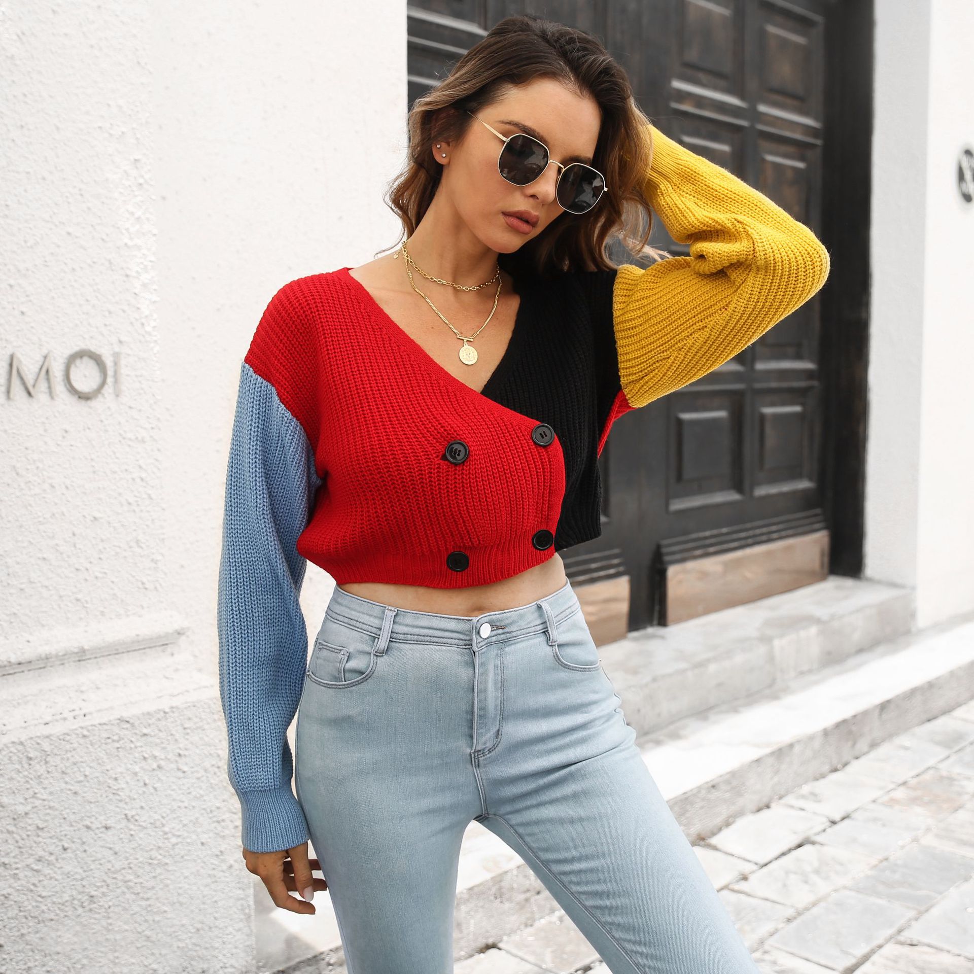 Double Breasted Stitching Contrast Color Knitted Sweater Cardigan Cropped Coat Women Long Sleeve Autumn Winter Women