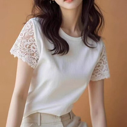 White Short-sleeved T-shirt Women's 2025 New Summer Design Sense Beautiful Elegant Lace Stitching Top