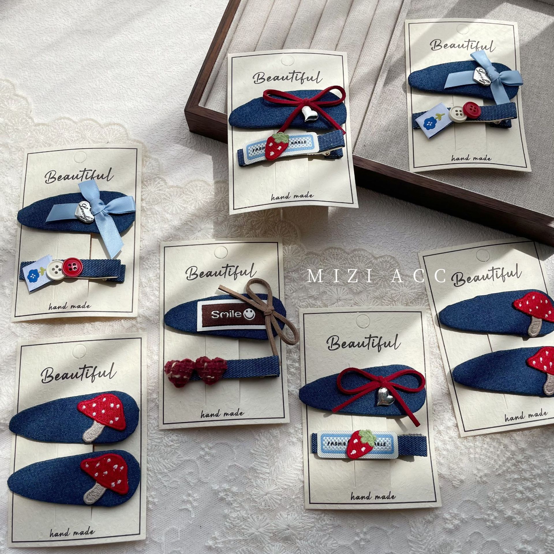 韩系甜美毛线花朵蝴蝶结发夹儿童刘海BB夹爱心贴标水滴碎发边夹子