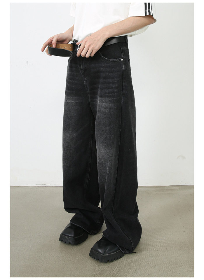Quần jean nam ống rộng giặt nước phong cách Hàn, cạp vừa lưng thẳng — Denim đen, Màu đen, Ngụy trang màu mơ, Xanh lam cổ điển chi tiết 12