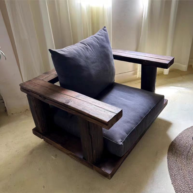 Wabi-Sabi Style Solid Wood Sofa and Coffee Table Set, Japanese-Style Old Elm Wood Single Sofa for Guesthouses, Vintage Zen-Inspired Backrest Sofa