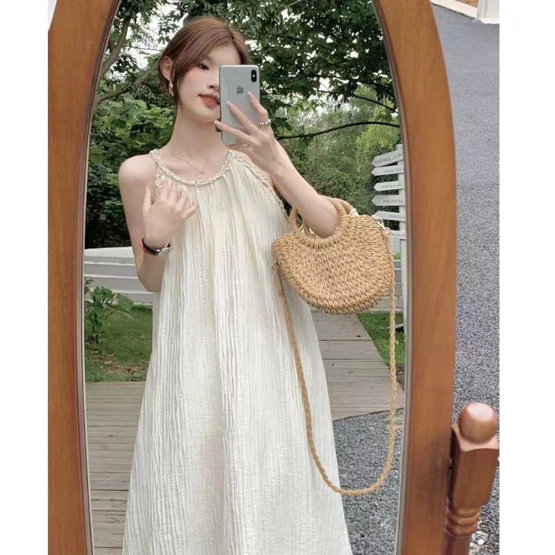 Halter fairy small sling dress summer new women's loose sleeveless off-shoulder texture midi dress Small