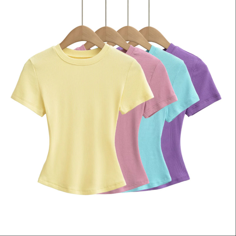 Ins Hot Girl Style Round Neck Slim Fit Waist-Cinching Short-Sleeved T-Shirt for Women 2025 Summer New Style Waist-Cinching Ribbed Short Top Trendy
