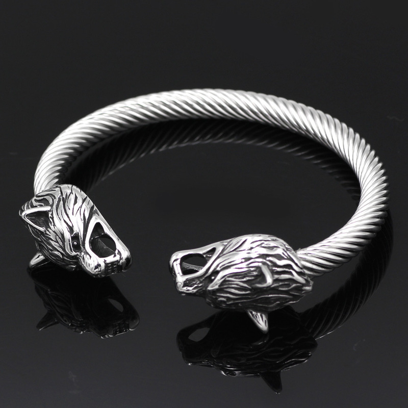 Cross-border Foreign Trade Explosions Norse Mythology Viking Steel Color Double-headed Wolf Head Bracelet Vintage Men's Bracelet Bracelet Cross-border Foreign Trade Explosions Norse Mythology Viking Steel Color Double-headed Wolf Head Bracelet Vintage Men's Bracelet Bracelet