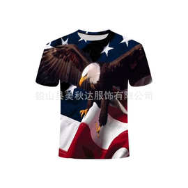 夏款 美国白头鹰星条旗3D印花 休闲短袖T恤