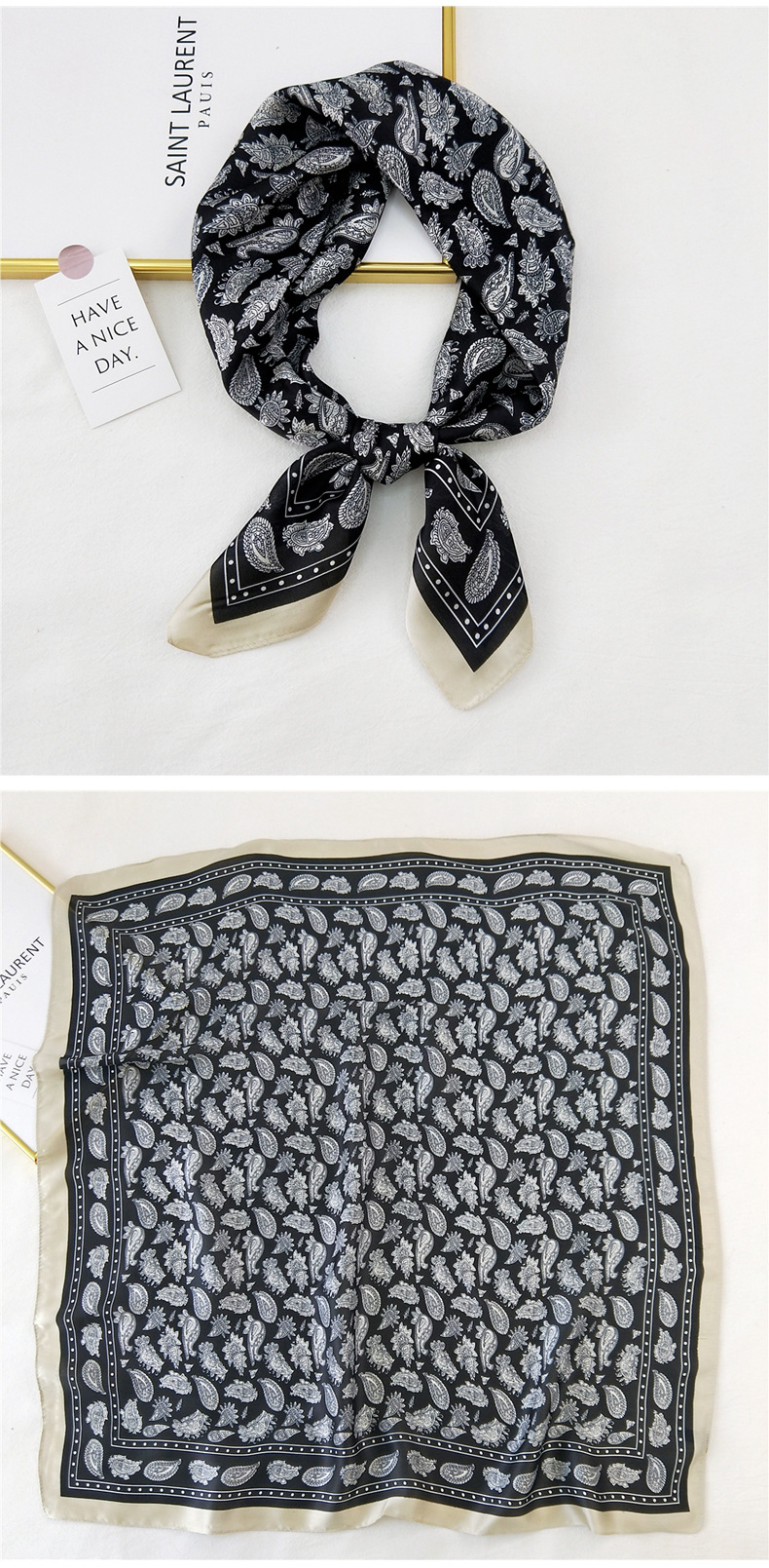 50g Weight Silk Scarf Classification Travel Occasion Silk Material Unisex Gender Printing Design Sweet Style Khaki, Grey, Purple, Red, Green, Blue, Camel, Yellow, Black Color Korean Printing Silk Square Scarf Wholesale 22