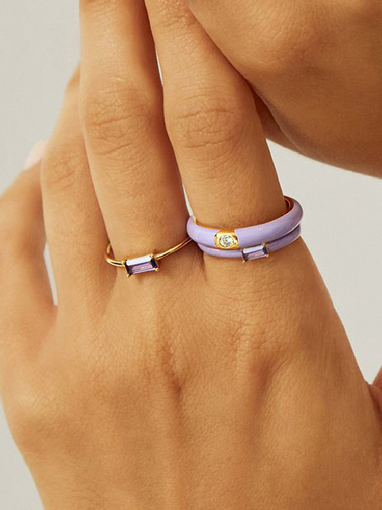 colorful epoxy 18k gold copper ring European and American inlaid square zircon index finger ring