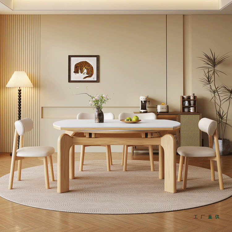 Nordic Solid Wood Slate Telescopic Dining Table and Chair Combination for Household Small-Sized Log Style Foldable Square and Round Dining Table