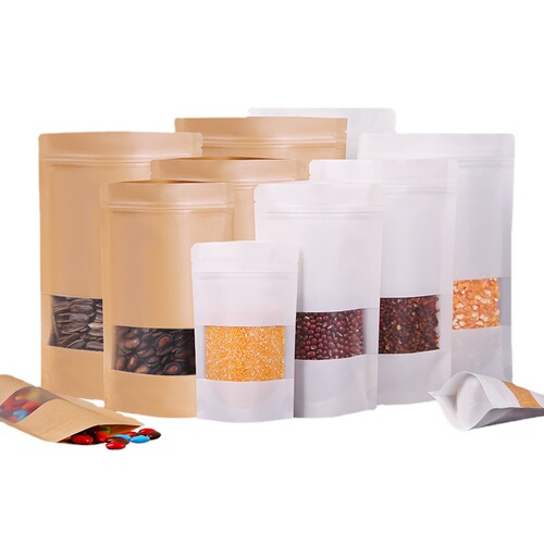 Windowed kraft paper bag, self-supporting food tea packaging bag, kraft paper ziplock bag, nut specialty sealed bag