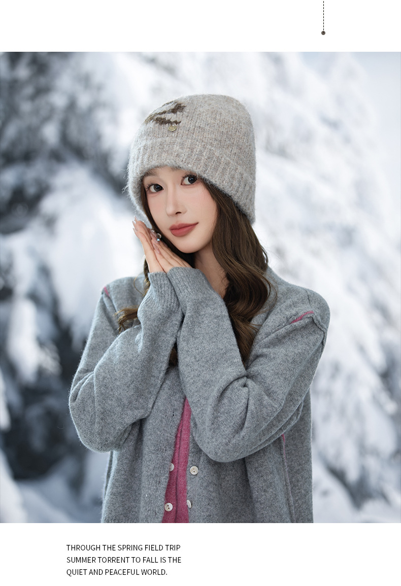Swee Cue Bow Jacquard Knied Beanie Auumn Winer Lierary Versaile Large Head Circumference Wool Cold-proof Warm_voghion.com
