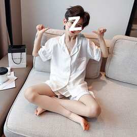 夏季男童冰丝睡衣儿童高档家居服男孩薄款空调服开衫套装中大童装