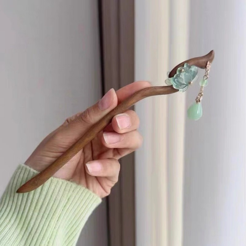 新中式仿玉荷花流苏木发簪女新款高级感盘发簪子古风汉服发钗头饰|undefined
