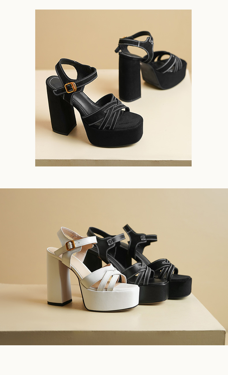 Sandal cao gót nữ hở mũi quai ngang một chữ, gót thô đế dày 12.5 cm — Da bò trắng gạo chi tiết 15