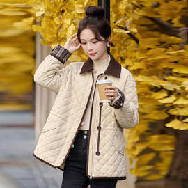 格纹撞色拼接菱形格夹棉外套女2025秋冬新款抽绳收腰轻薄保暖棉衣