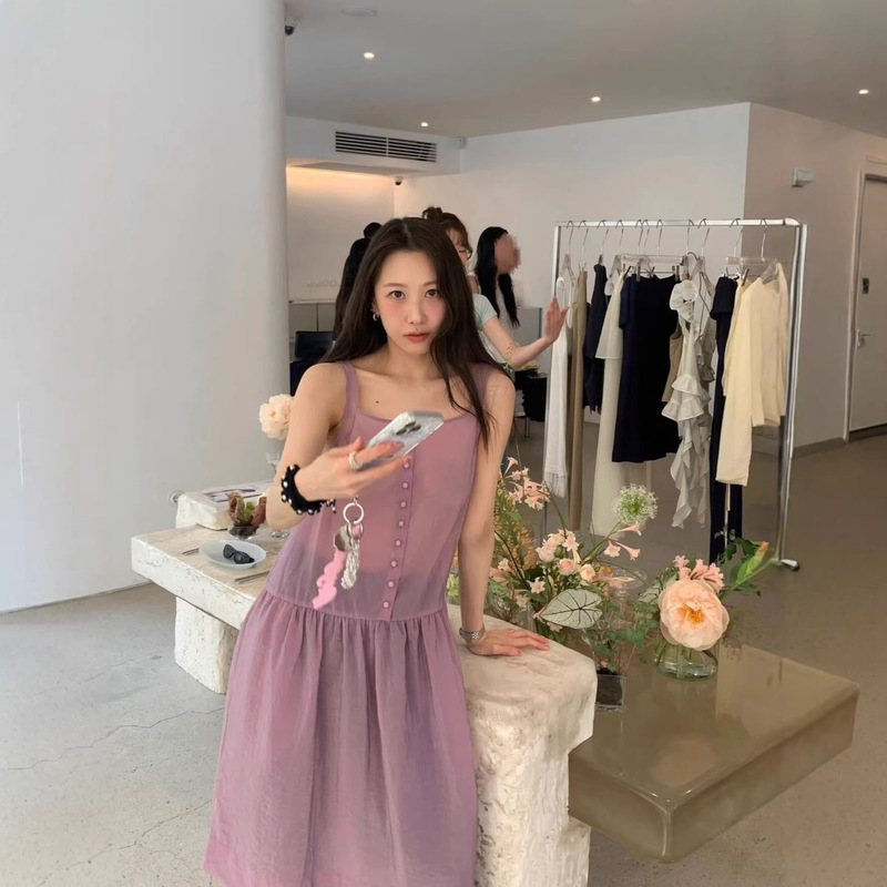 Now Available: Korean Designer A*Telere*Tion Square-Neck Single-Breasted Dress, Korean Style, Slightly Sheer, Flowy, Sleeveless