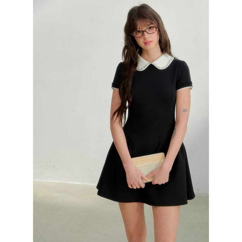 Sunsepark Sunset Park Retro Rhinestone Collar Air-Layer Waist-Cinching Princess Dress Women's Summer Short-Sleeved Dress