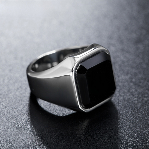 R0034-HK02 Export Jewelry European and American Simple Personality Black Agate Gemstone Men's Titanium Steel Ring