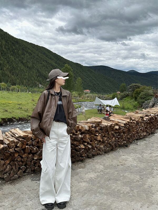 高档机车皮衣外套女复古2025春秋新款美式休闲百搭棕色皮夹克洋气|undefined
