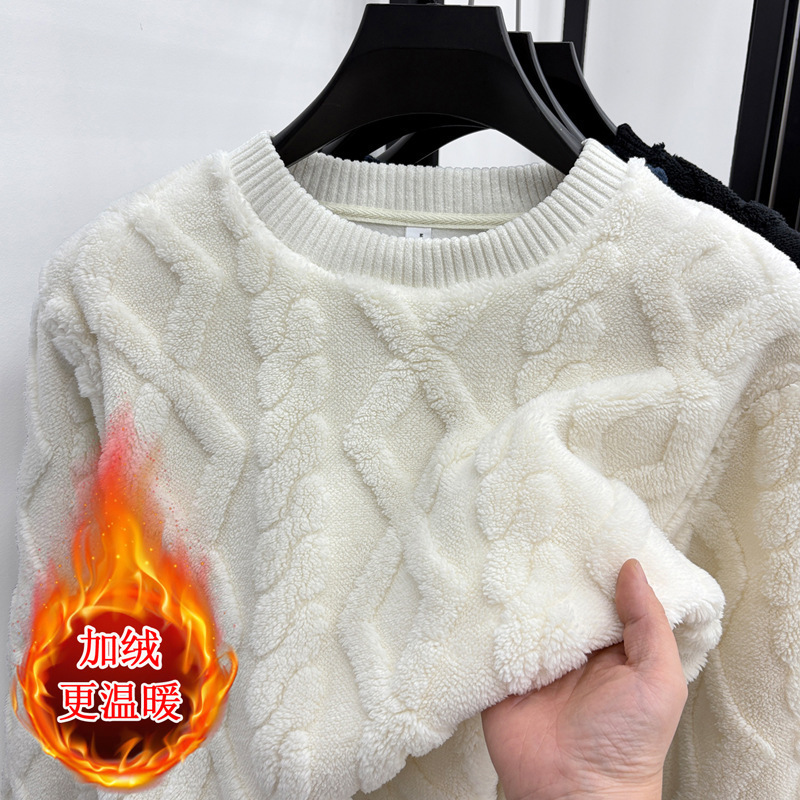 Winter Men's Flannel Diamond Pattern Round Neck Fleece-Lined Thickeneded Fashionable Knitwear for Young and Middle-Aged People, Comfortable and Warm Knitwear