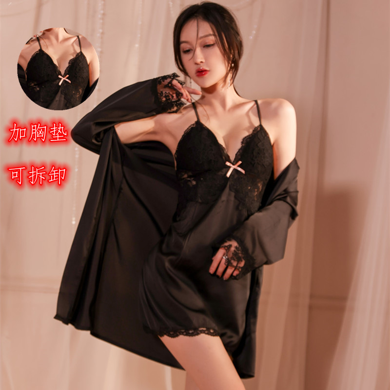 New Sexy Three-piece Set Lace-up Pajamas Satin Sling Skirt Nightgown Bathrobe Women's Home Clothes Set 2273