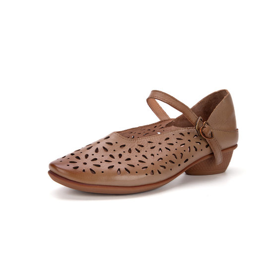 Huizumei Top-Layer Cowhide Perforated Hole Shoes Genuine Leather Women's Spring and Summer Low-Heel Single Strap Pointed-Toe Sandals