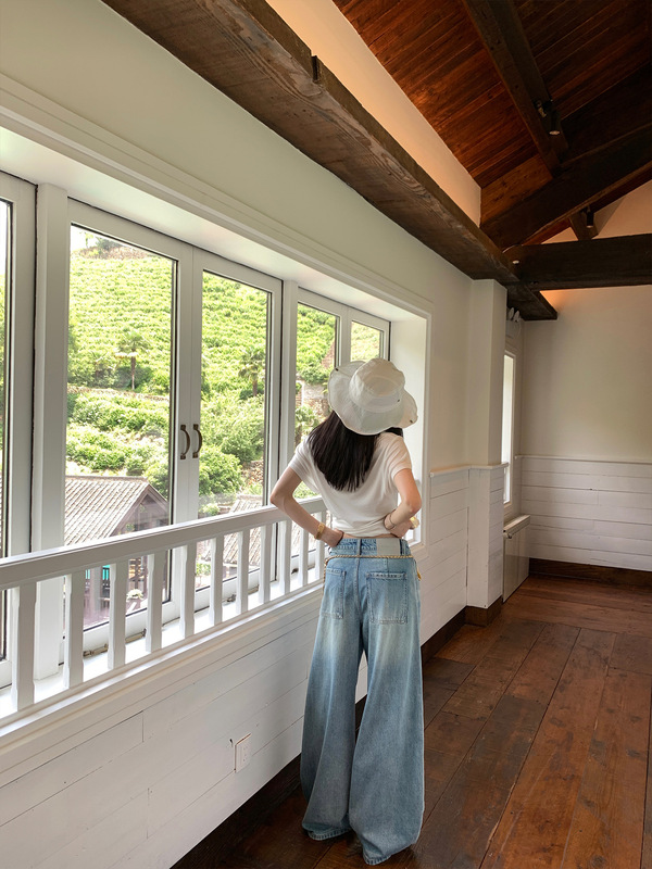 Ouyang シミター ジーンズ レディース 夏 薄手 ルーズ ワイドレッグ パンツ レトロ ストレート パンツ フロアモップ パンツ|undefined