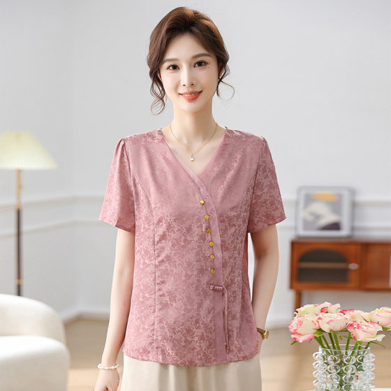 Mom's Summer New Chinese Style Short-Sleeved Shirt Tops 2025 New Middle-Aged and Elderly Women's National Style T-Shirt Tops