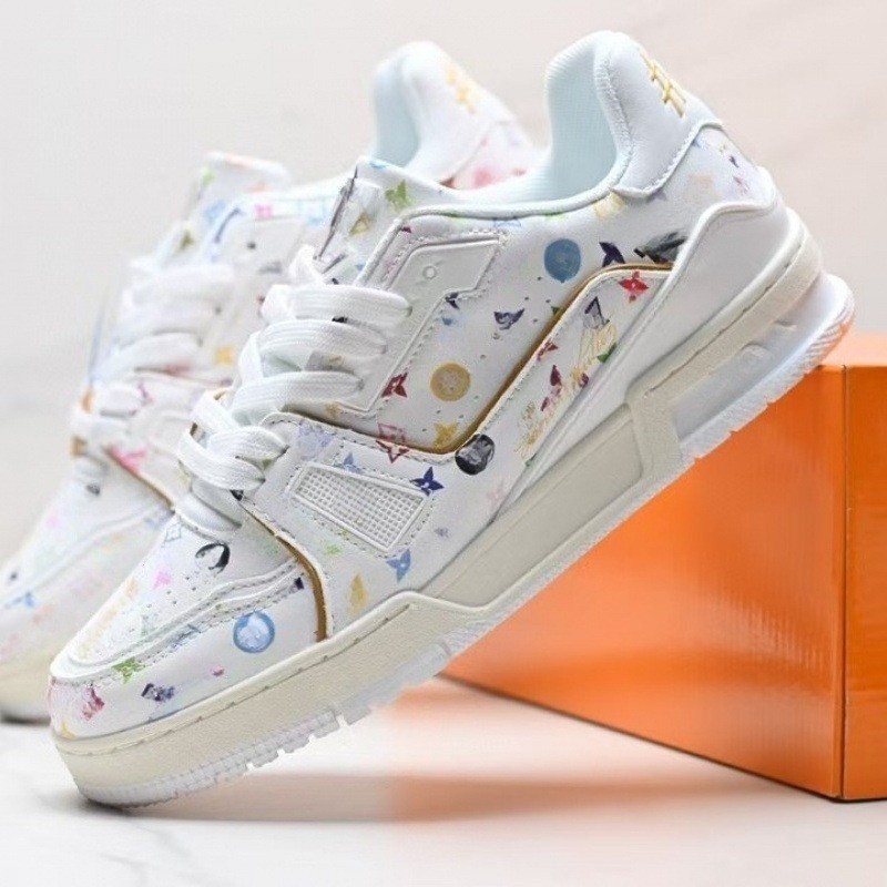 Vintage Pattern Lace-up Trainers Thick Sole White Running Shoes_voghion.com