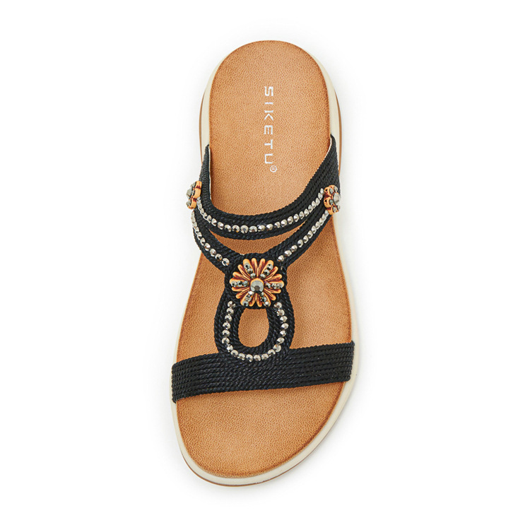 Dép sandal nữ quai chữ V đế xuồng thêu điện bohemian — Champagne màu, màu đen, màu hồng chi tiết 33