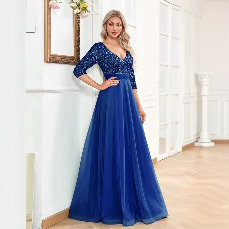 Cross-border V-neck evening dress, elegant long party dress for women, sequined mid-sleeve ball gown, cocktail dress Cross-border V-neck evening dress, elegant long party dress for women, sequined mid-sleeve ball gown, cocktail dress