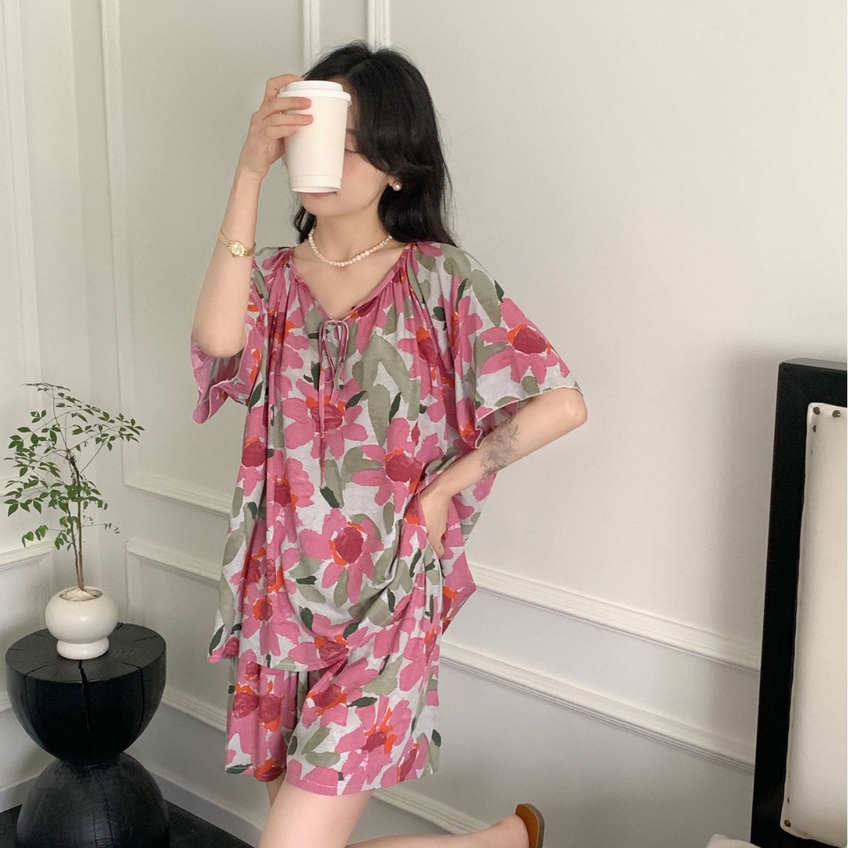 [Traje de manga corta] Pijamas finos de seda de algodón, servicio a domicilio para mujer, estilo nacional, traje de pantalón de algodón suelto de alta gama en movimiento