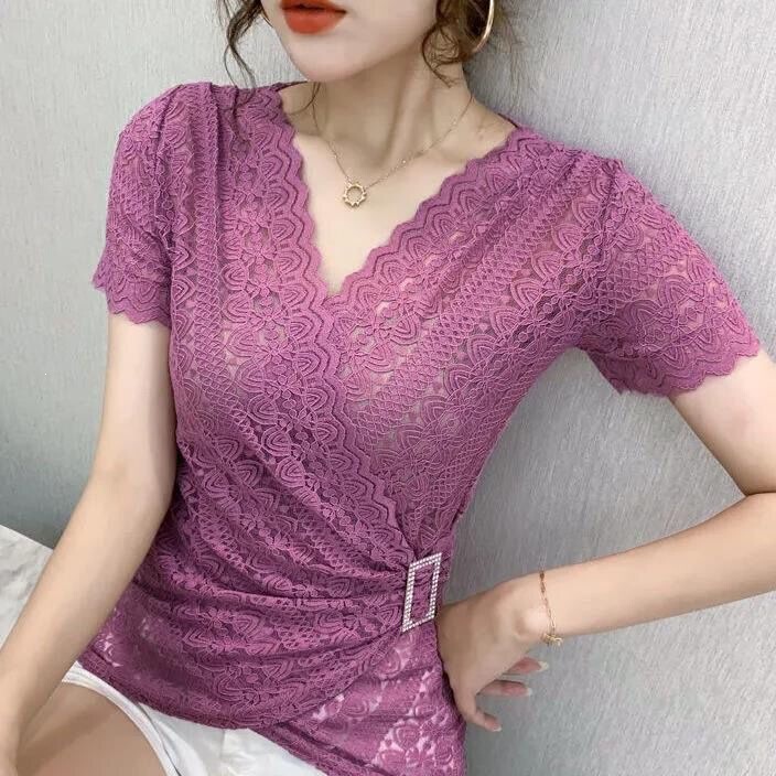 V-Neck Lace Blouse for Women, 2021 New Trendy Stylish Outerwear Short-Sleeve Top That Covers the Belly, High-End Women's Clothing V-Neck Lace Blouse for Women, 2021 New Trendy Stylish Outerwear Short-Sleeve Top That Covers the Belly, High-End Women's Clothing