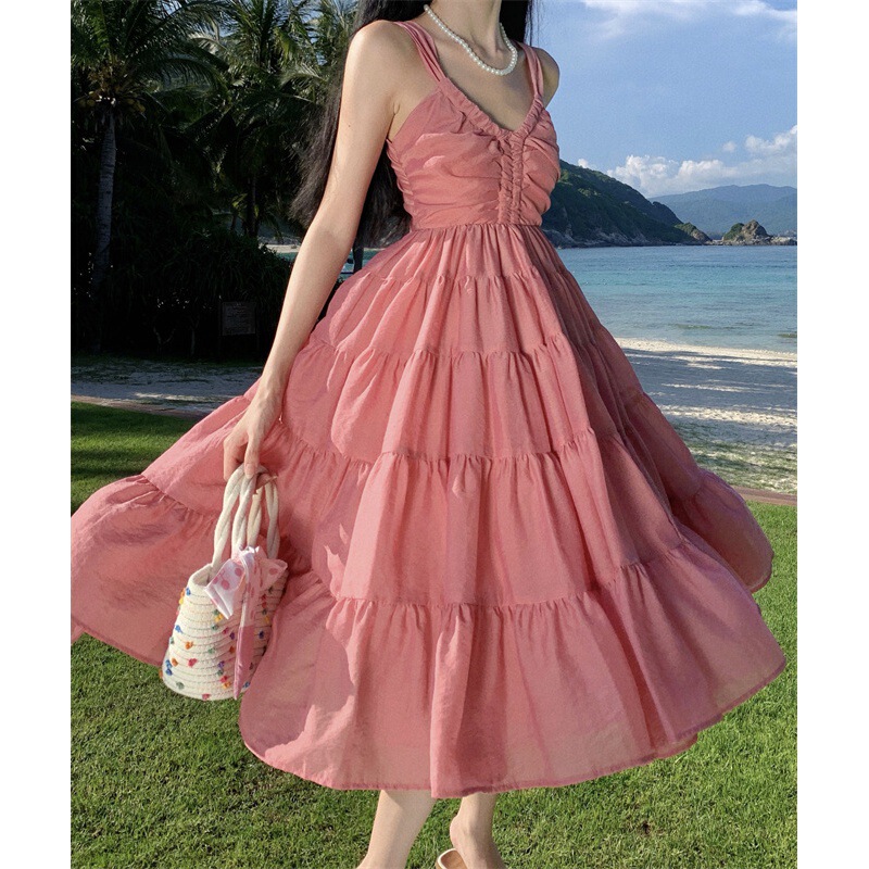 Real Shot of a Stunning Backless V-Neck Ruffled Spaghetti Strap Dress, 2026 Spring/Summer Chiffon Hot Girl Pink Long Dress