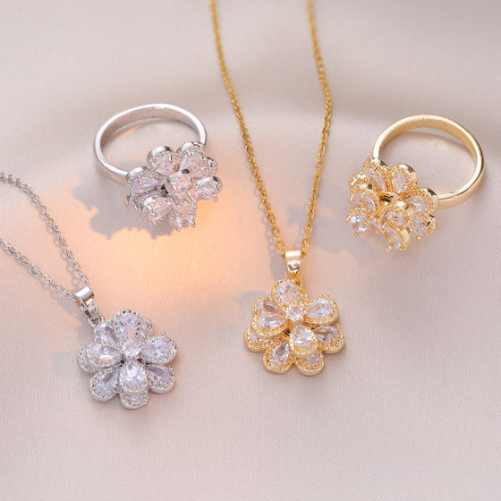 Women's Japanese and Korean style cross-border rotatable double-layer flower zircon suit fashion ring fashion titanium steel necklace