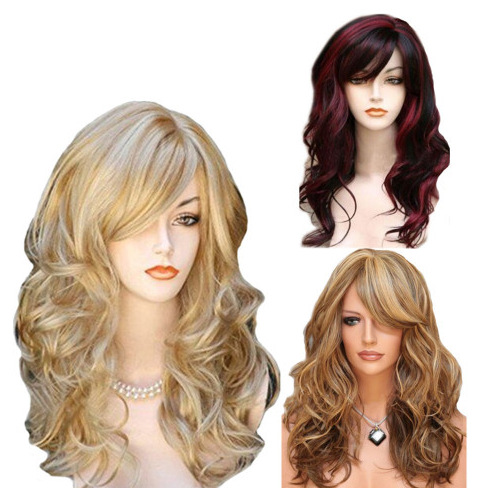 Amazon venta europea y americana pelucas de 3 colores damas multicolor cabello rizado largo inclinado frangeo fibra química cubierta de cabello en stock