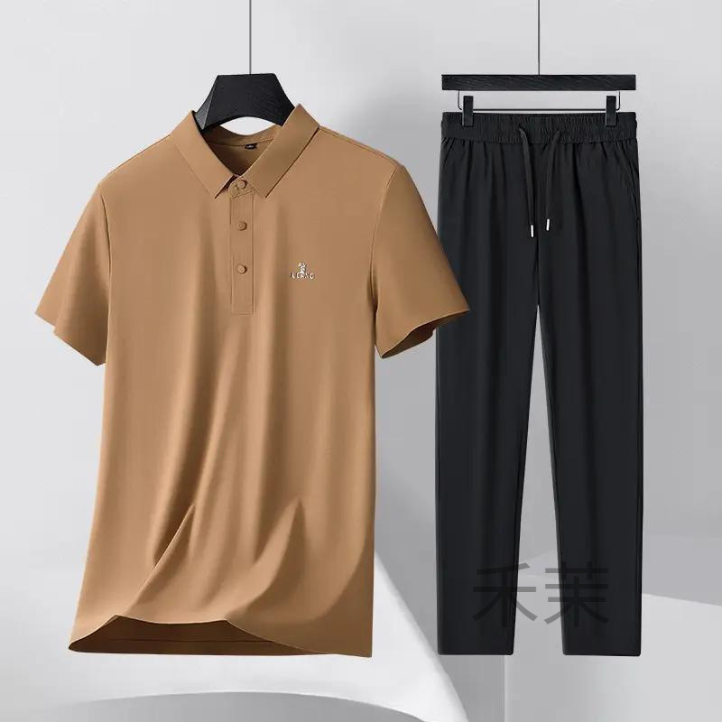Woodpecker Summer High-End Casual Ice Silk Seamless Short-Sleeved Polo Shirt Men's Two-Piece Dad Suit Large Size Breathable