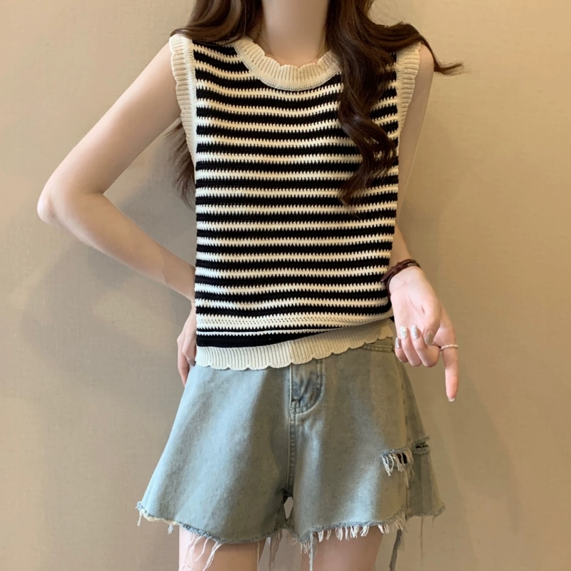 Женская полосатая футболка из ледяного шелка без рукавов, летняя, больших размеров, слегка полная, утягивающая, короткий жилет-топ, суперпопулярная маленькая рубашка.