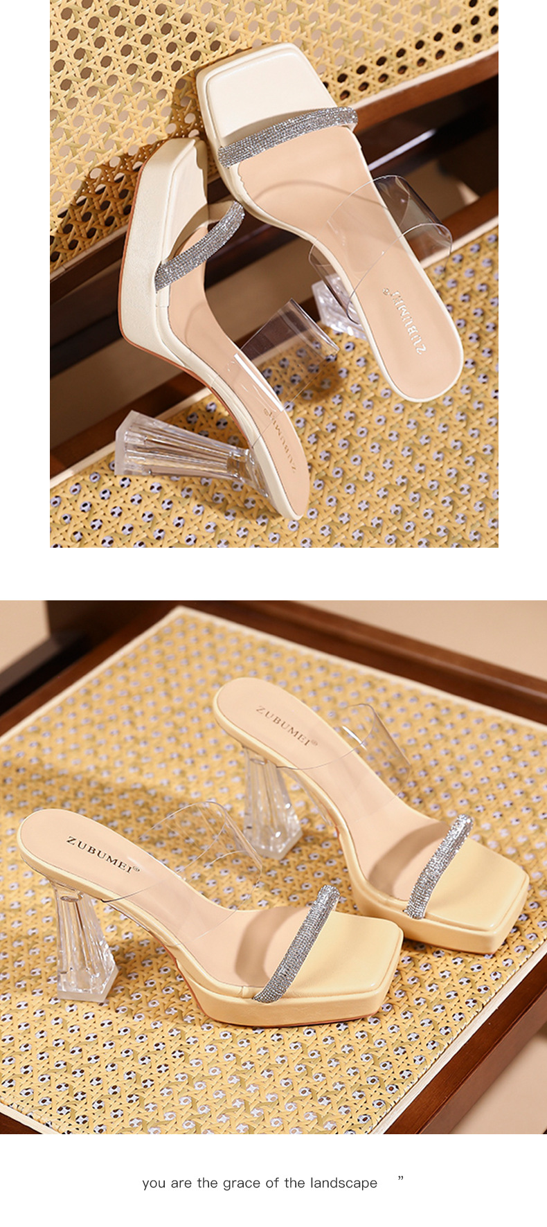 Sandal cao gót nữ quai một dây trong suốt, mũi vuông hở ngón, đế platform, gót 11 cm — Vàng nhạt-11cm chi tiết 9