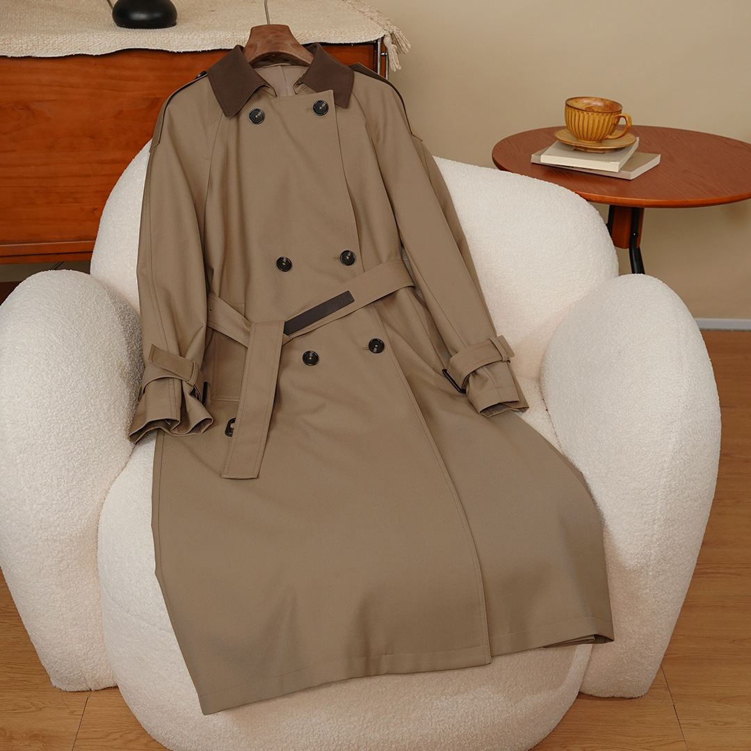 Anfiona 2026 New Classic Khaki Double-Breasted Patchwork Lapel Long Belt Women's Coat Trench Coat