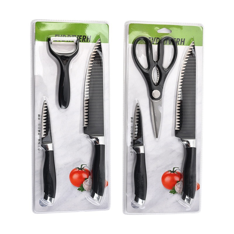 Spot Factory Venta caliente Juego de cuchillos de tres piezas con patrón de ondas negras Cuchillo de frutas Cuchillo de chef Juego de tijeras de cocina