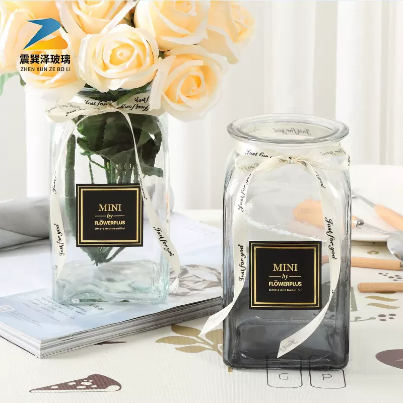 创意玻璃花瓶透明渐变色水培方形花瓶花店客厅装饰插花装饰摆件