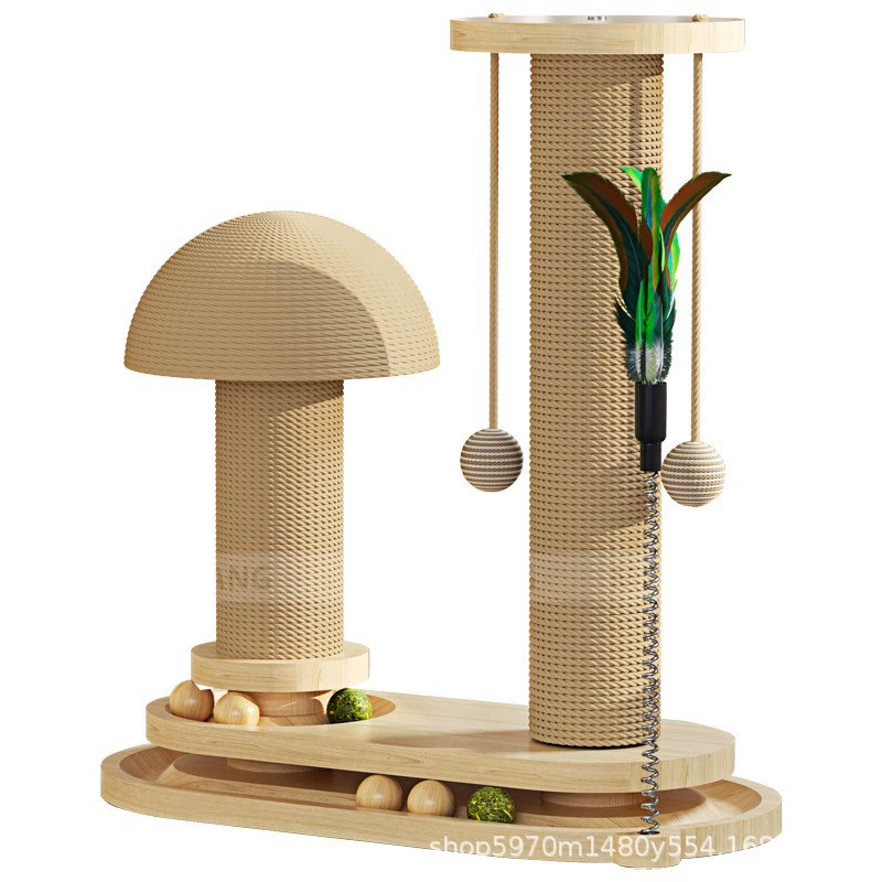 Solid wood double‑pillar cat scratching post, sisal pillars, mushroom or oval turntable