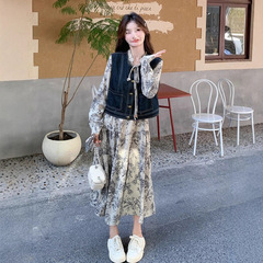 大码女装中式水墨画连衣裙牛仔秋马甲两件套2025气质温柔新款套装